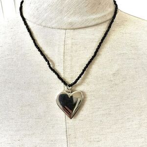 Silver tone heart pendant black beaded necklace